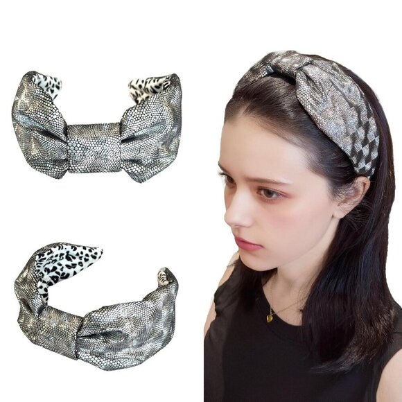 Leopard Print Headbands for Women Metallic Silver Animal Print Wide Top Knotted - Picture 2 of 6